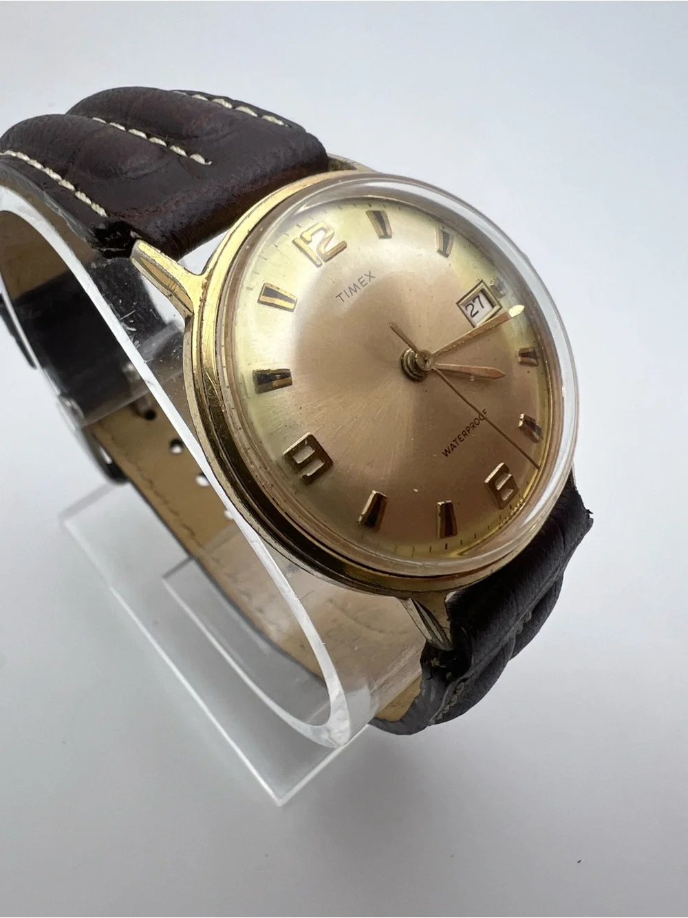 Timex Gold Dial Watch with Dark Brown Leather Strap